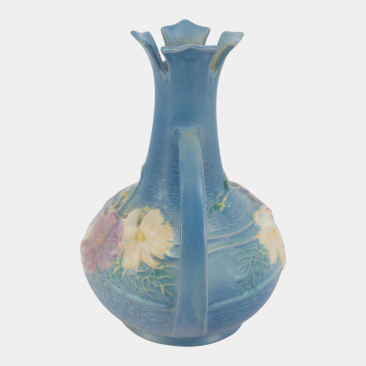 Roseville Cosmos Blue 1939 Vintage Art Deco Pottert Ceramic Handled Vase 948-7