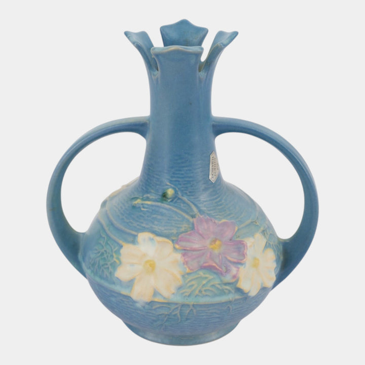 Roseville Cosmos Blue 1939 Vintage Art Deco Pottert Ceramic Handled Vase 948-7