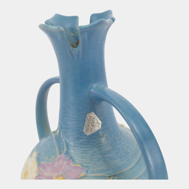 Roseville Cosmos Blue 1939 Vintage Art Deco Pottert Ceramic Handled Vase 948-7