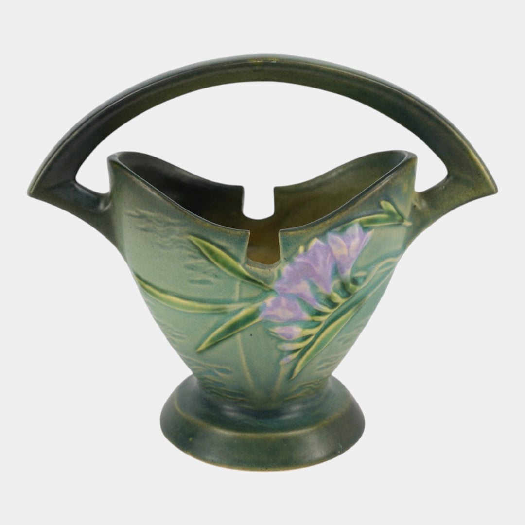 Roseville Freesia Green 1945 Mid Century Modern Pottery Ceramic Basket 390-7