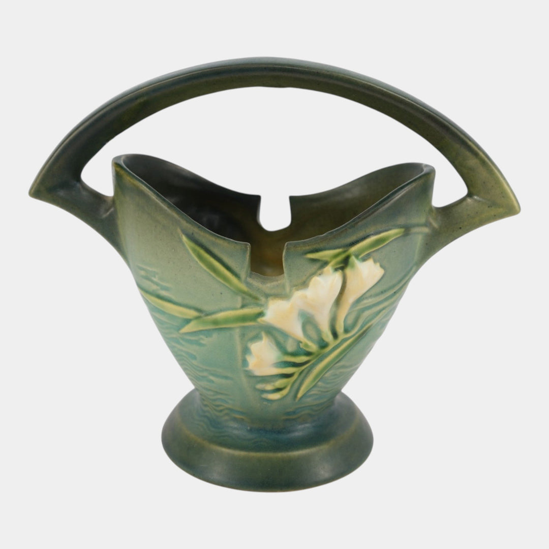 Roseville Freesia Green 1945 Mid Century Modern Pottery Ceramic Basket 390-7