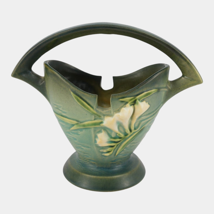 Roseville Freesia Green 1945 Mid Century Modern Pottery Ceramic Basket 390-7