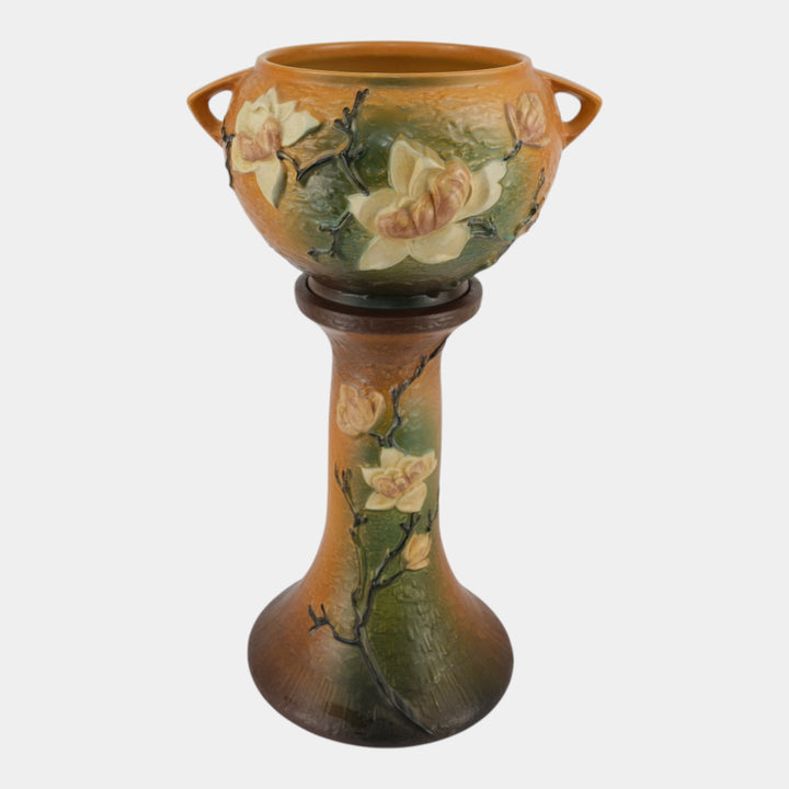 Roseville Magnolia Brown 1943 Vintage Art Pottery Jardiniere And Pedestal 665-8