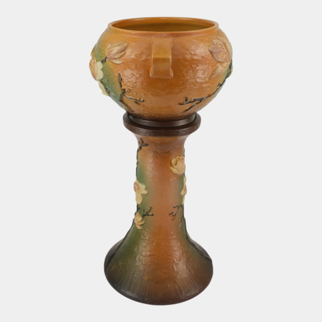 Roseville Magnolia Brown 1943 Vintage Art Pottery Jardiniere And Pedestal 665-8