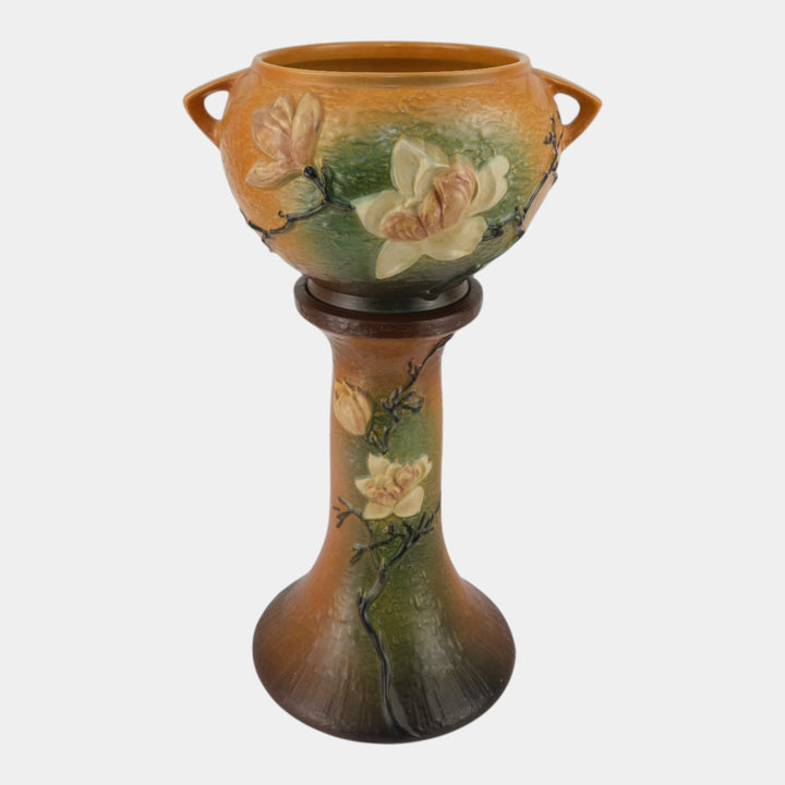 Roseville Magnolia Brown 1943 Vintage Art Pottery Jardiniere And Pedestal 665-8