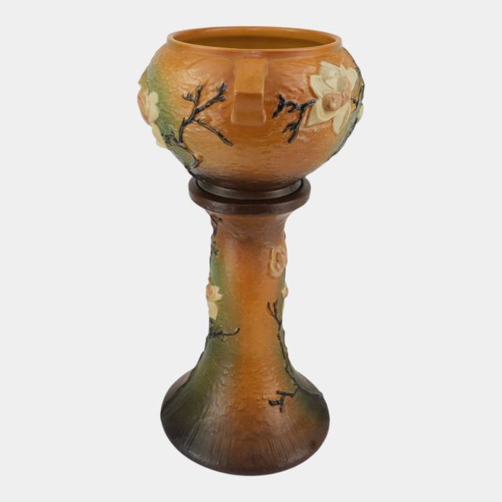 Roseville Magnolia Brown 1943 Vintage Art Pottery Jardiniere And Pedestal 665-8