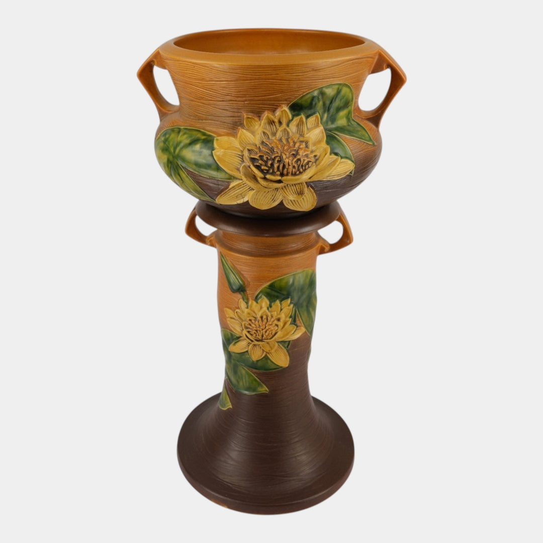 Roseville Water Lily Brown 1943 Vintage Art Pottery Jardiniere & Pedestal 663-10
