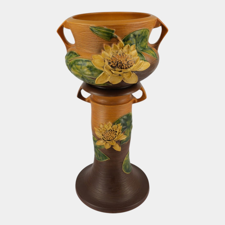Roseville Water Lily Brown 1943 Vintage Art Pottery Jardiniere & Pedestal 663-10