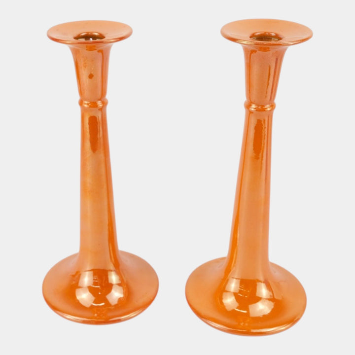 Roseville Lustre Orange 1922 Vintage Art Deco Pottery Candle Holders 1027-10