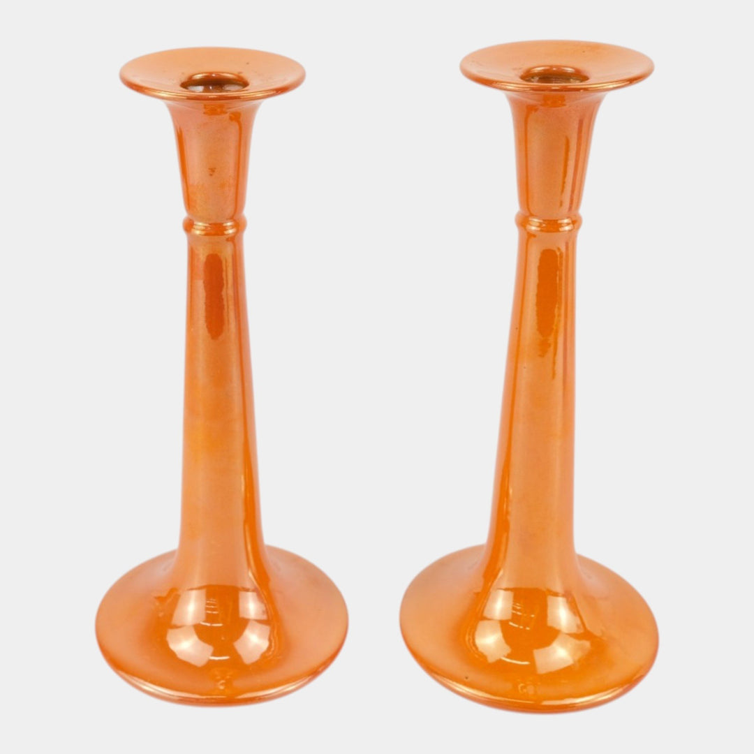 Roseville Lustre Orange 1922 Vintage Art Deco Pottery Candle Holders 1027-10