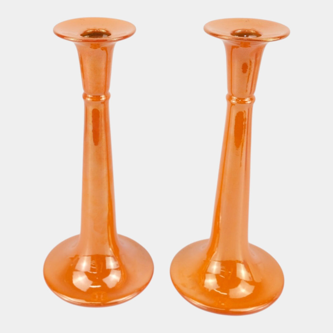 Roseville Lustre Orange 1922 Vintage Art Deco Pottery Candle Holders 1027-10
