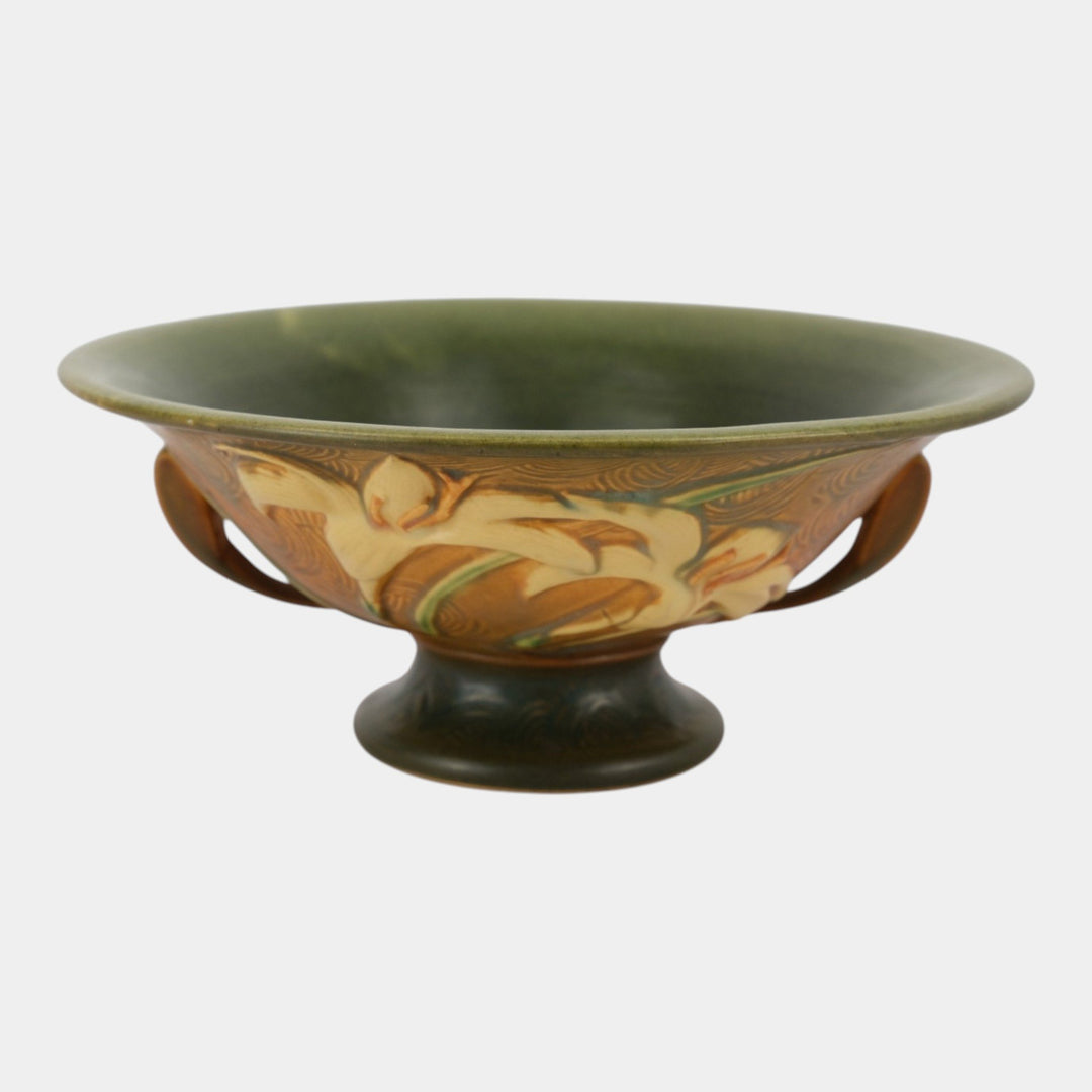 Roseville Zephyr Lily Brown 1946 Mid Century Modern Pottery Compote Bowl 8-10
