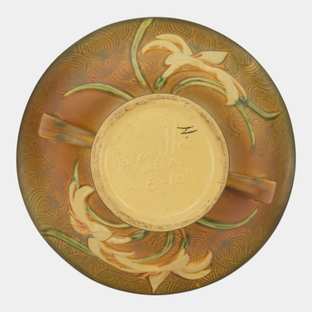 Roseville Zephyr Lily Brown 1946 Mid Century Modern Pottery Compote Bowl 8-10