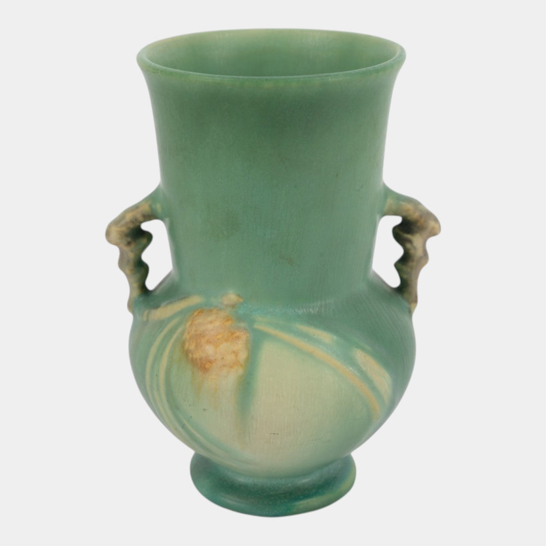 Roseville Pine Cone Green 1936 Vintage Art Pottery Handled Ceramic Vase 839-6