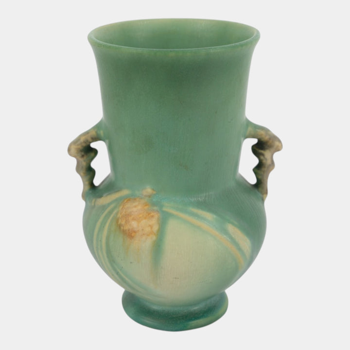 Roseville Pine Cone Green 1936 Vintage Art Pottery Handled Ceramic Vase 839-6