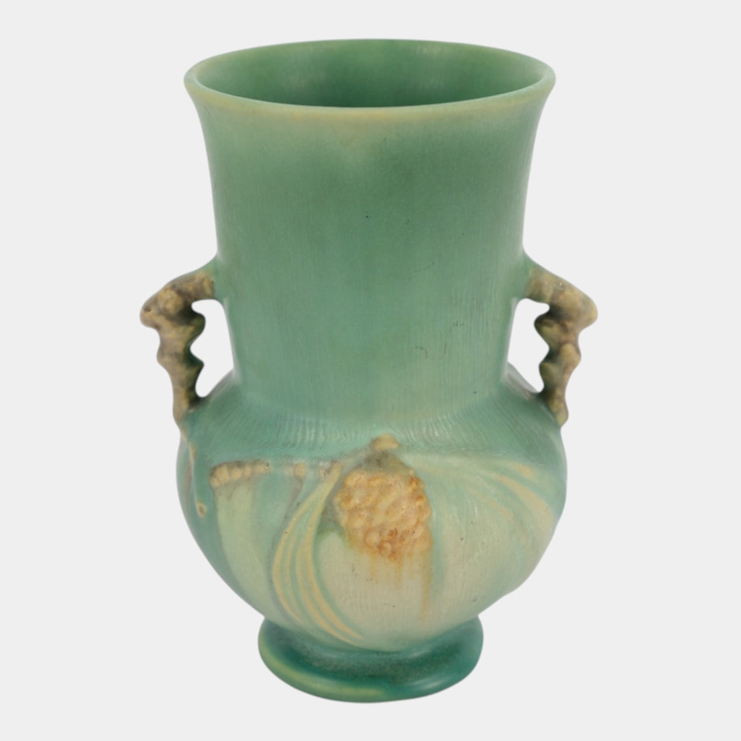 Roseville Pine Cone Green 1936 Vintage Art Pottery Handled Ceramic Vase 839-6