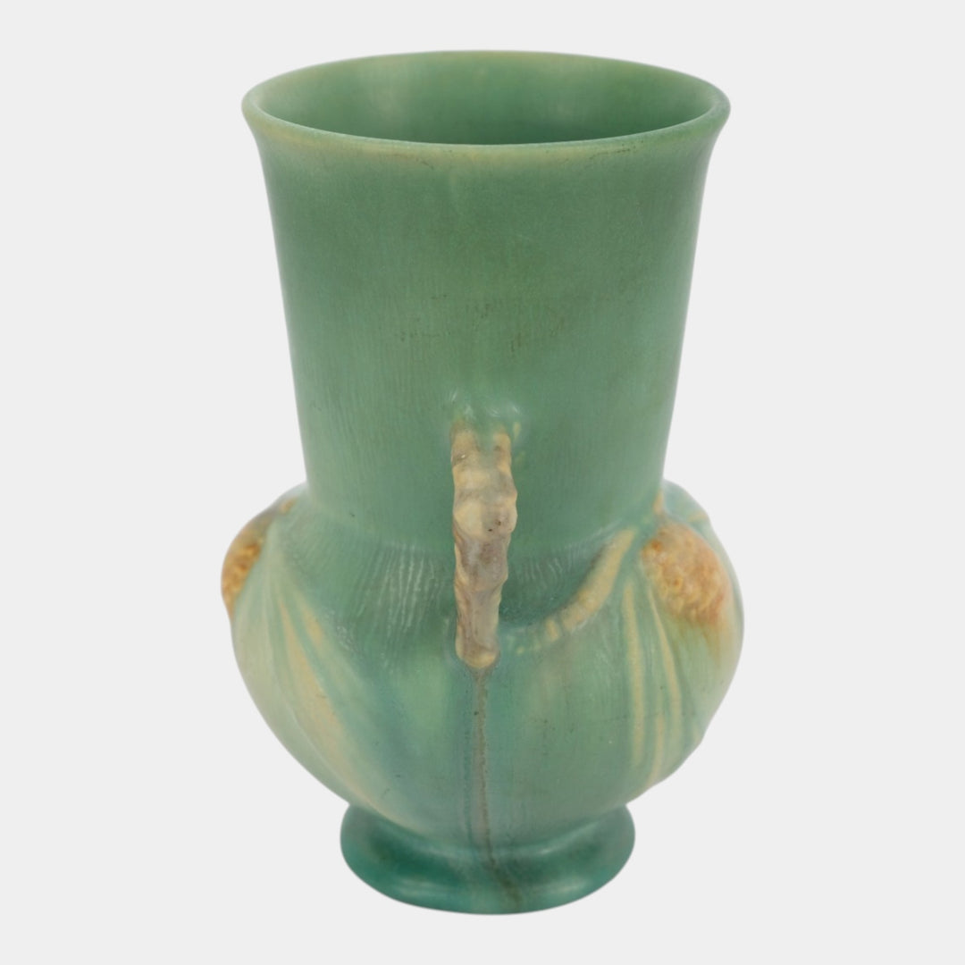 Roseville Pine Cone Green 1936 Vintage Art Pottery Handled Ceramic Vase 839-6