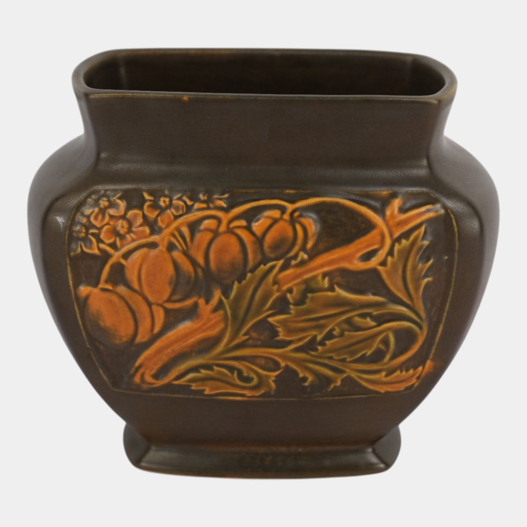 Roseville Rosecraft Panel Brown 1926 Vintage Arts & Crafts Pottery Pillow Vase