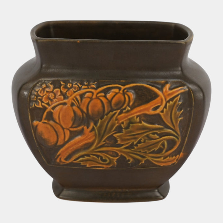 Roseville Rosecraft Panel Brown 1926 Vintage Arts & Crafts Pottery Pillow Vase