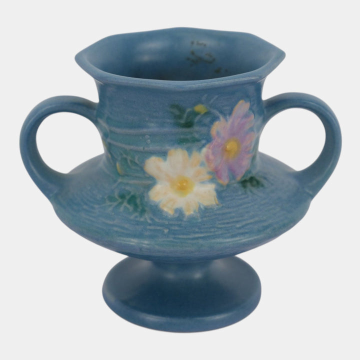 Roseville Cosmos Blue 1939 Vintage Art Pottery Ceramic Handled Flower Vase 134-4