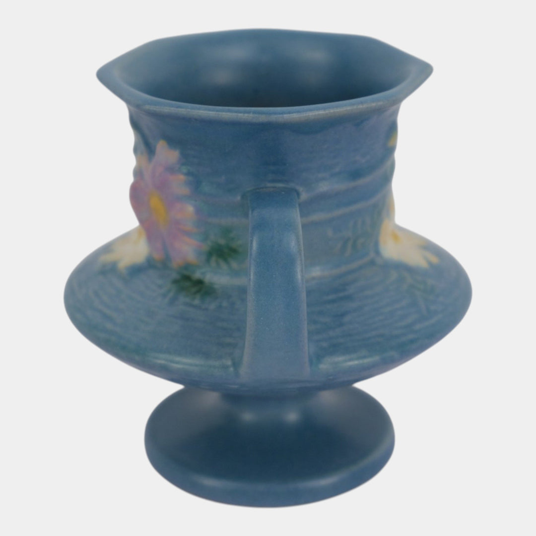 Roseville Cosmos Blue 1939 Vintage Art Pottery Ceramic Handled Flower Vase 134-4