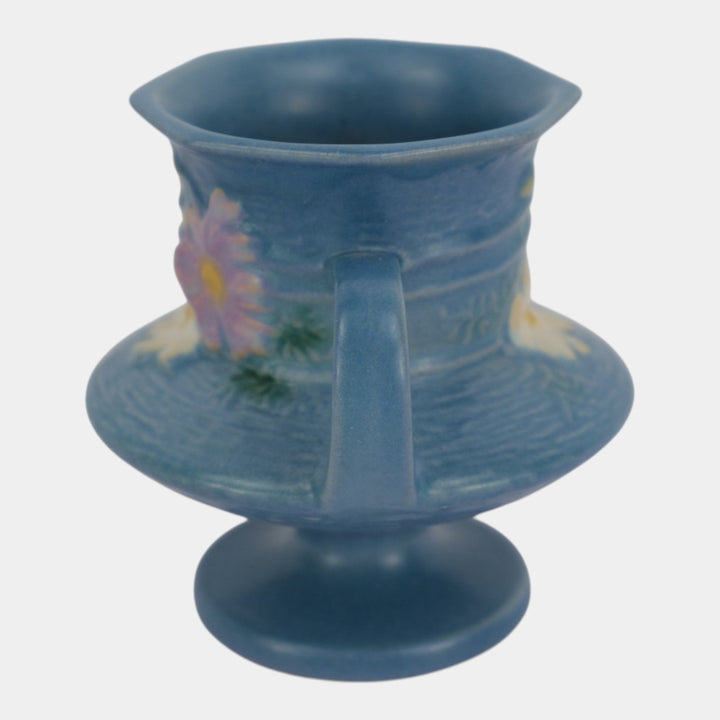 Roseville Cosmos Blue 1939 Vintage Art Pottery Ceramic Handled Flower Vase 134-4