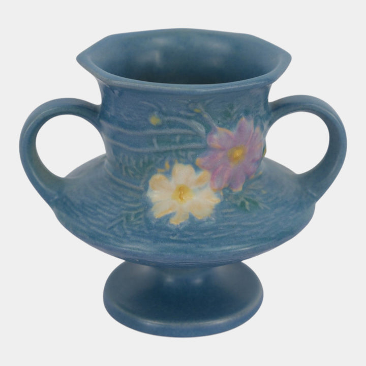 Roseville Cosmos Blue 1939 Vintage Art Pottery Ceramic Handled Flower Vase 134-4