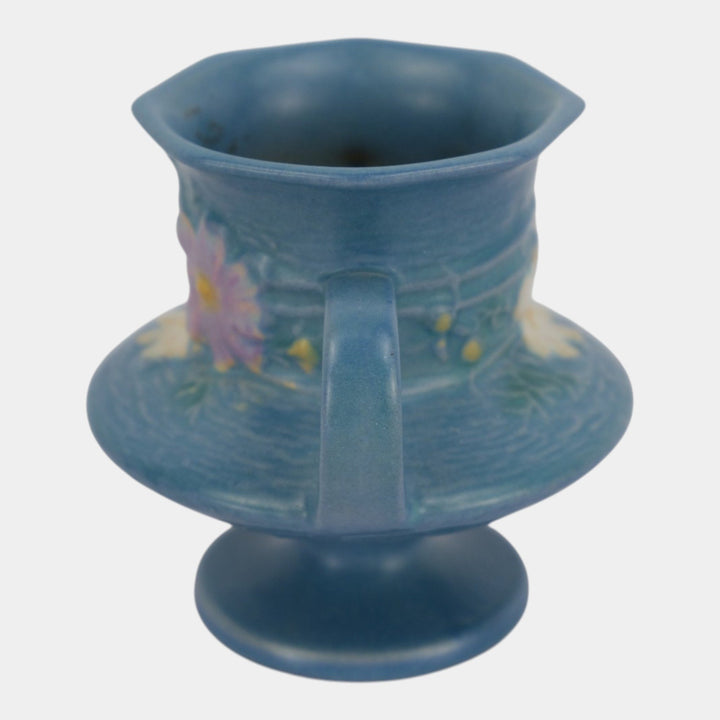 Roseville Cosmos Blue 1939 Vintage Art Pottery Ceramic Handled Flower Vase 134-4