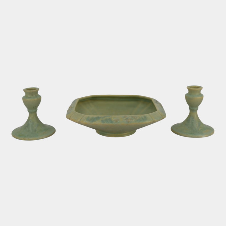 Roseville Cremona Green 1928 Vintage Art Pottery Ceramic Bowl Candle Holders