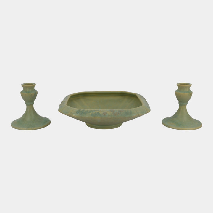 Roseville Cremona Green 1928 Vintage Art Pottery Ceramic Bowl Candle Holders
