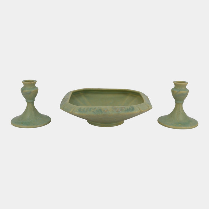 Roseville Cremona Green 1928 Vintage Art Pottery Ceramic Bowl Candle Holders