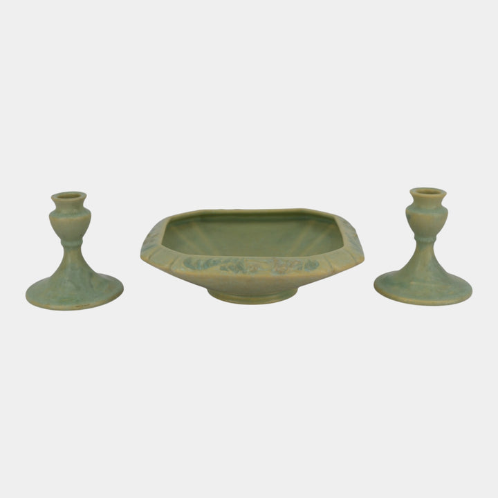 Roseville Cremona Green 1928 Vintage Art Pottery Ceramic Bowl Candle Holders