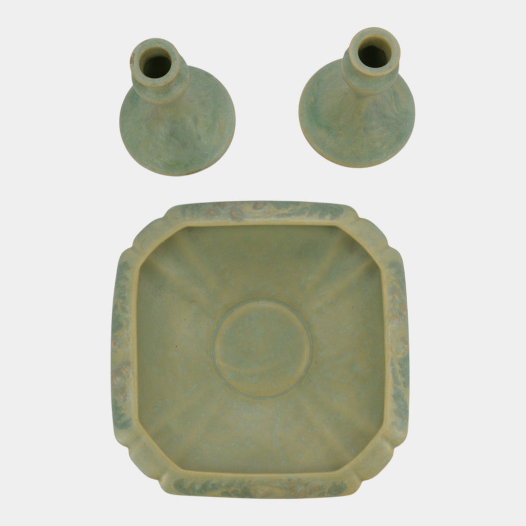 Roseville Cremona Green 1928 Vintage Art Pottery Ceramic Bowl Candle Holders