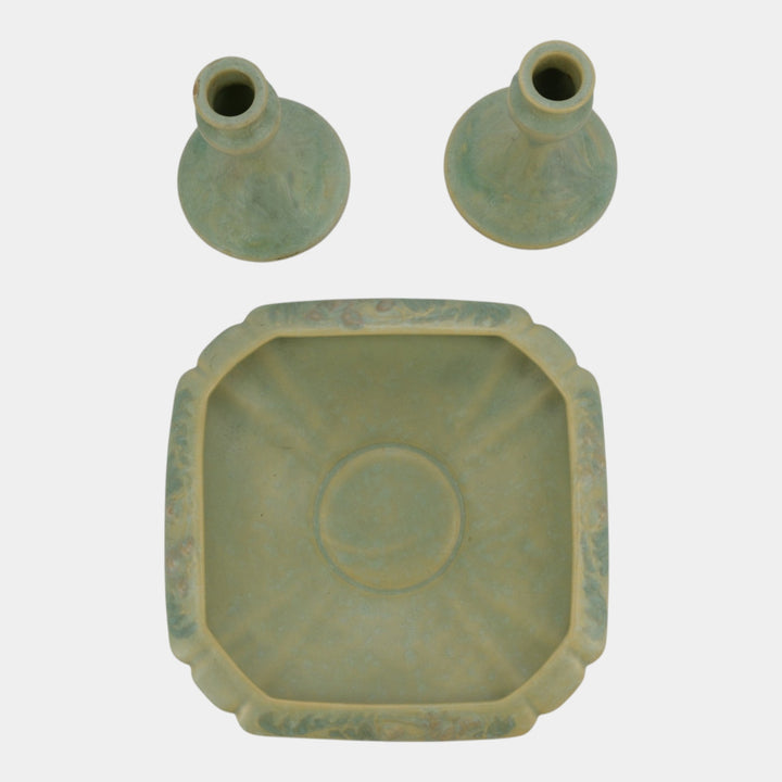 Roseville Cremona Green 1928 Vintage Art Pottery Ceramic Bowl Candle Holders