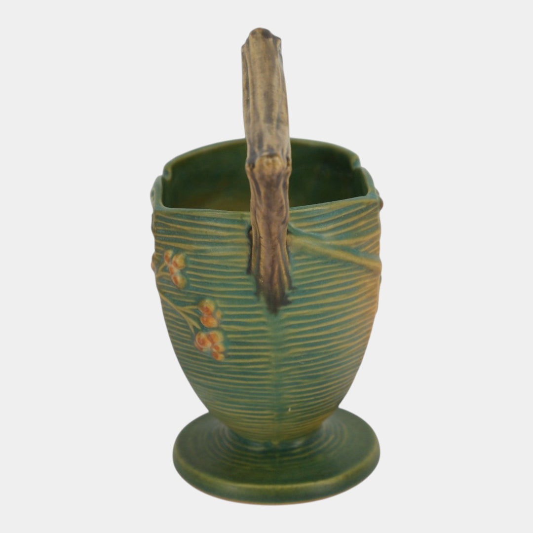 Roseville Bushberry Green 1941 Vintage Art Pottery Ceramic Basket 370-8