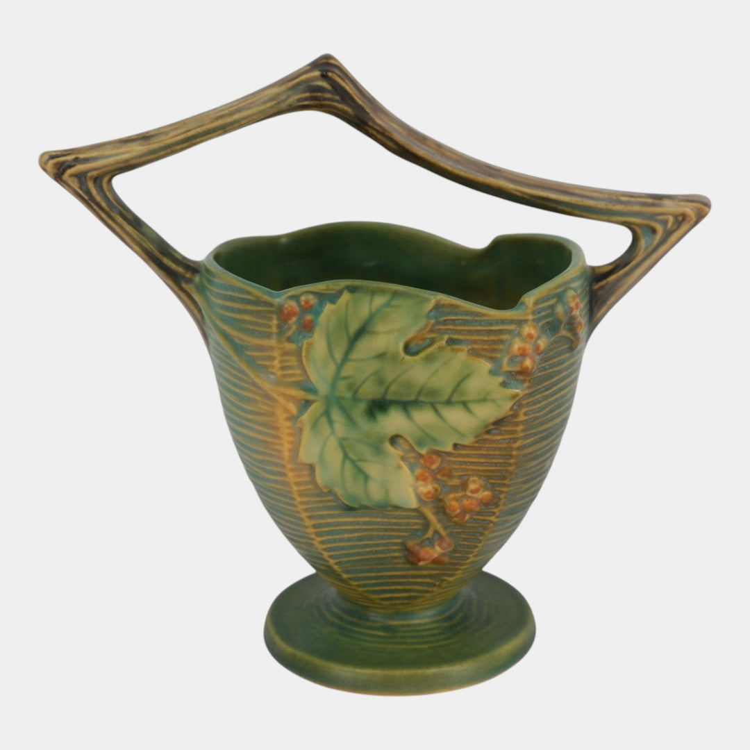 Roseville Bushberry Green 1941 Vintage Art Pottery Ceramic Basket 370-8