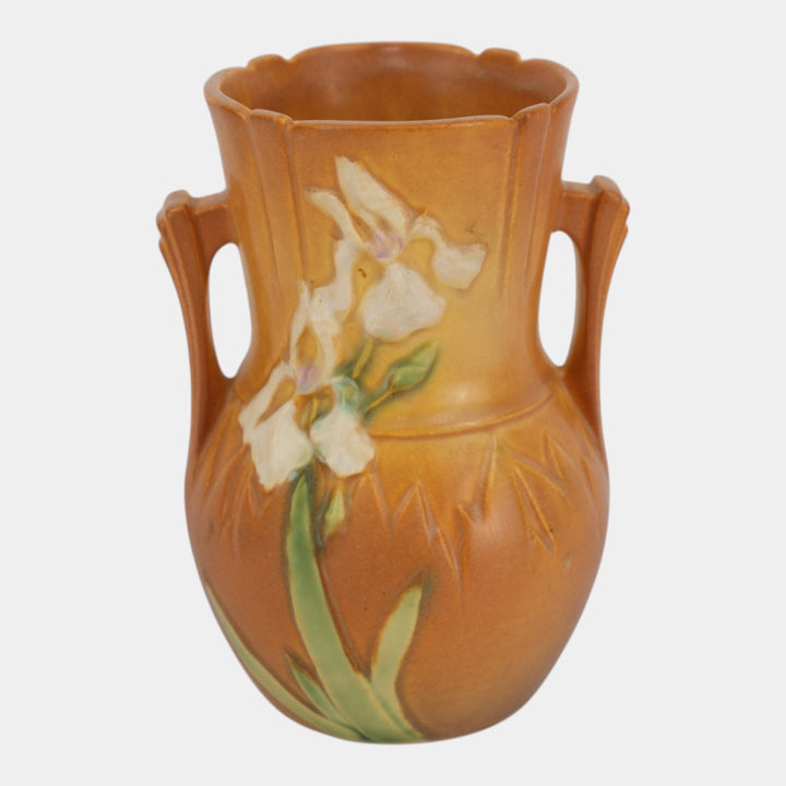 Roseville Iris Brown 1939 Vintage Art Deco Pottery Floral Ceramic Vase 917-6