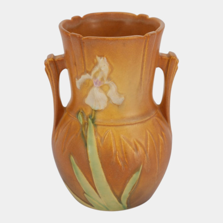 Roseville Iris Brown 1939 Vintage Art Deco Pottery Floral Ceramic Vase 917-6
