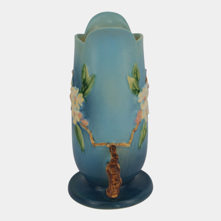 Roseville Apple Blossom Blue 1949 Mid Century Modern Art Pottery Vase 389-10