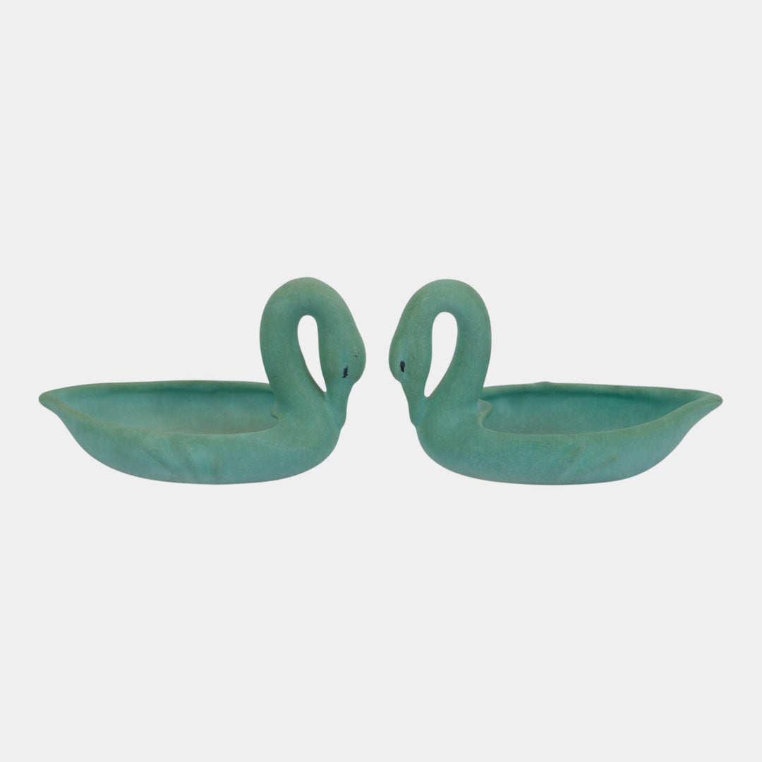 Weller Patricia 1930s Vintage Art Pottery Matte Green Swan Ceramic Trays