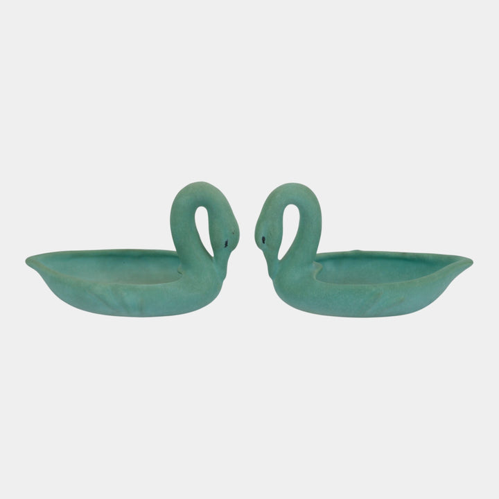 Weller Patricia 1930s Vintage Art Pottery Matte Green Swan Ceramic Trays