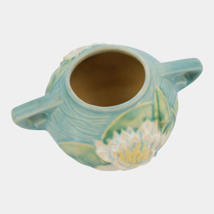 Roseville Water Lily Blue 1943 Mid Century Modern Pottery Ceramic Bowl 437-4