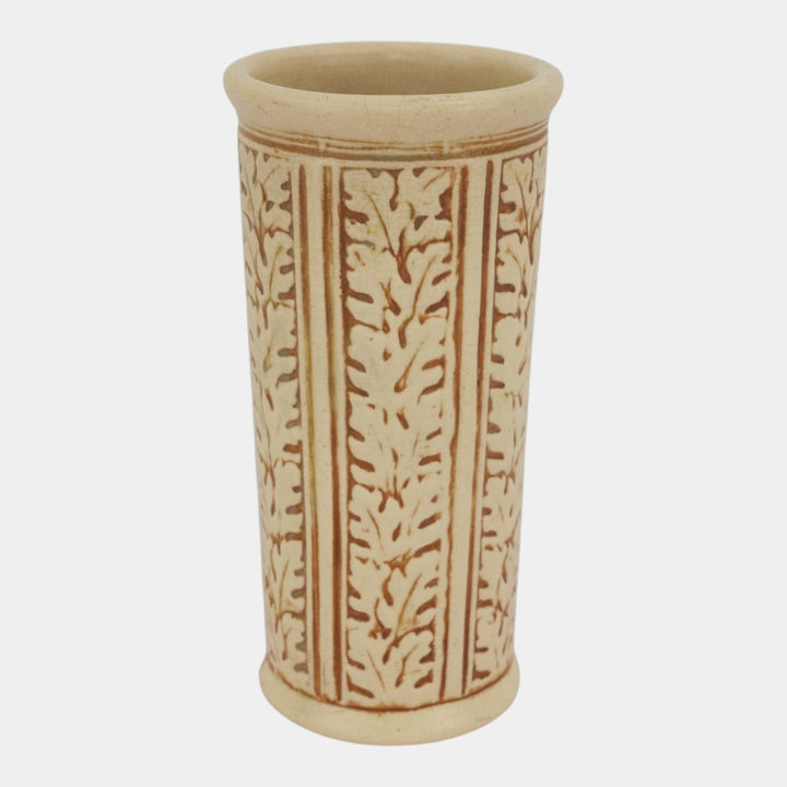Weller Clinton Ivory 1914 Arts And Crafts Pottery Oak Leaves Vase 12