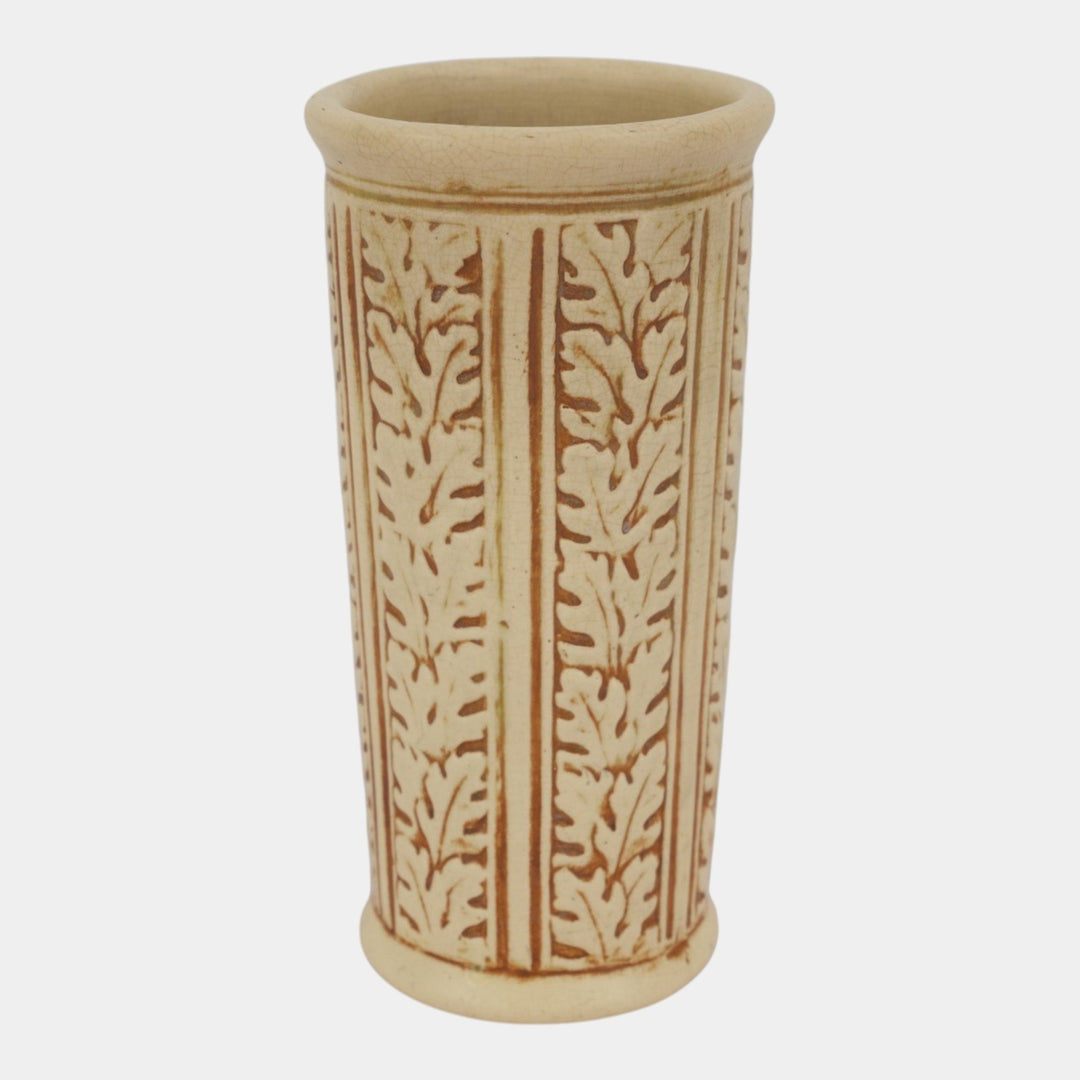 Weller Clinton Ivory 1914 Arts And Crafts Pottery Oak Leaves Vase 12