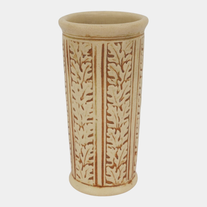 Weller Clinton Ivory 1914 Arts And Crafts Pottery Oak Leaves Vase 12