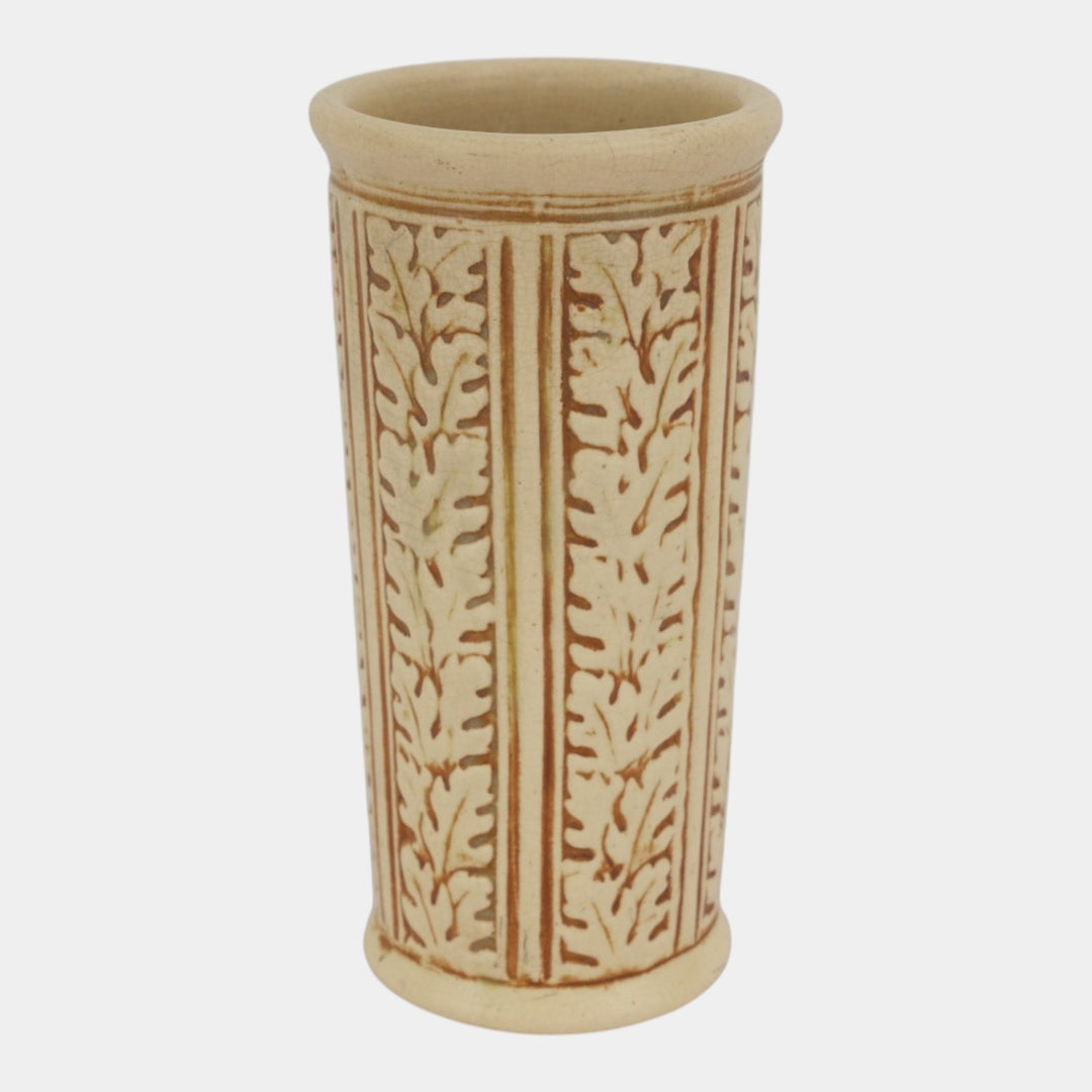 Weller Clinton Ivory 1914 Arts And Crafts Pottery Oak Leaves Vase 12