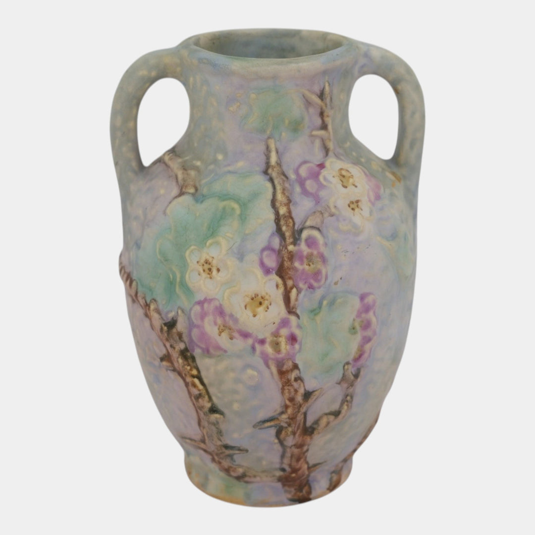 Weller Silvertone 1920s Vintage Art Pottery Floral Pastel Handled Ceramic Vase