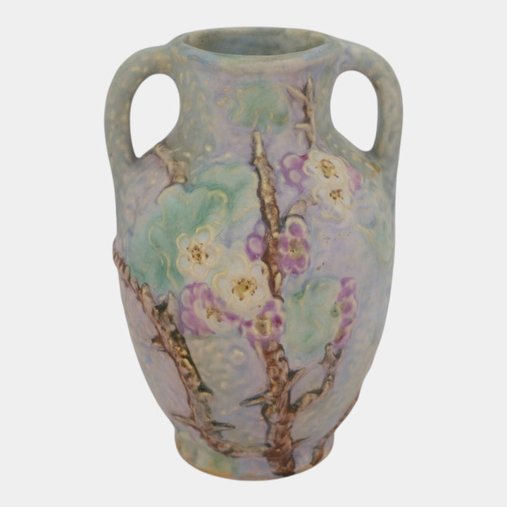 Weller Silvertone 1920s Vintage Art Pottery Floral Pastel Handled Ceramic Vase