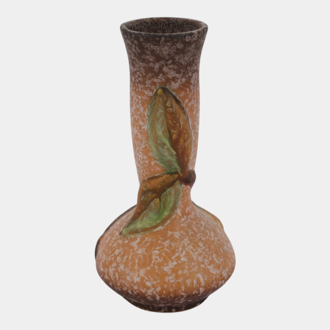 Weller Pottery Malverne 1920s Mottled Brown White Art Deco Leaf Decorated Vase