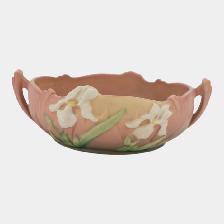 Roseville Iris Pink 1939 Vintage Art Deco Pottery Handled Ceramic Bowl 360-6